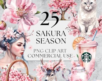 Sakura Season Clipart Pack, PNG Cherry Blossom Season Clipart, Watercolor, Instant Download, Japanese Clipart with Full Commercial