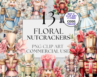 May include: Thirteen watercolor illustrations of floral nutcracker figurines. The nutcrackers are in various poses and colors, including pink, blue, red, and green. The illustrations are surrounded by flowers and greenery.