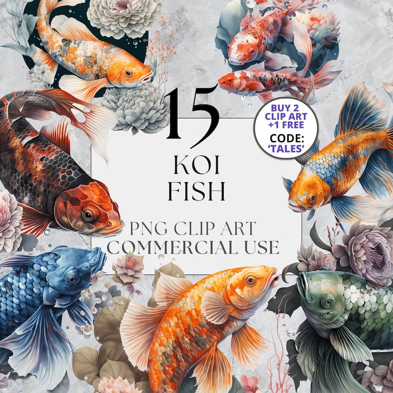Op de afbeelding: Een set van 15 digitale illustraties van Koi-vissen in verschillende kleuren en poses. De vissen zijn omringd door bloemen en bladeren. De tekst "15 Koi Fish PNG Clip Art Commercial Use" wordt weergegeven op de afbeelding. De tekst "Buy 2 Clip Art +1 Free Code: 'TALES'" wordt ook weergegeven op de afbeelding.
