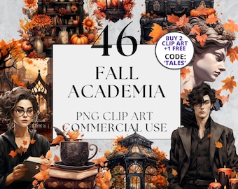 46 Fall Academia Clipart - Witchy Halloween Gothic Clipart, Watercolor, Instant Download With Full Commercial Use, Dark Academy Autumn PNG