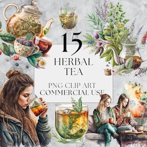 15 Herbal Tea Clipart Pack, PNG, Beautiful Herbology Clipart, Watercolour, Instant Download, Full Commercial Use, Tea Party PNG Clipart