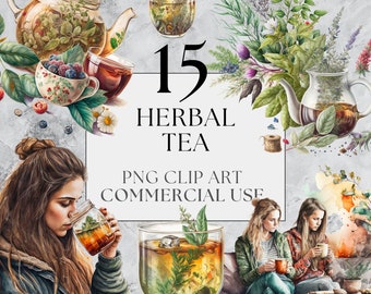 15 Paquete de imágenes prediseñadas de té de hierbas, PNG, Hermosas imágenes prediseñadas de herbología, acuarela, descarga instantánea, uso comercial completo, imágenes prediseñadas PNG de fiesta de té