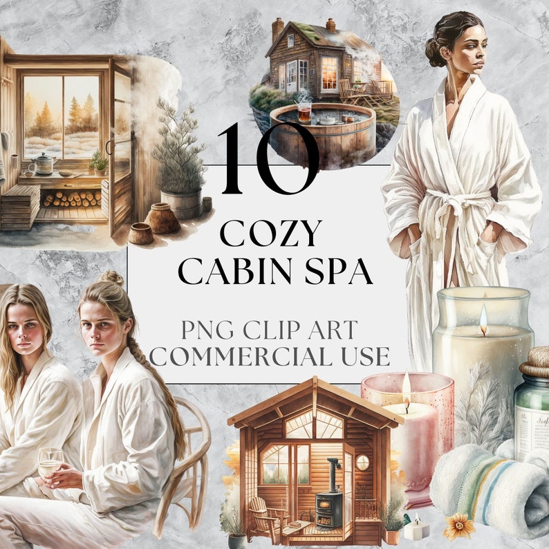 10 Cozy Cabin Spa Clipart - Cottagecore Clipart, Wellness Selfcare Clipart, Watercolor, Instant Download, Full Commercial Use, PNG Clipart image 1