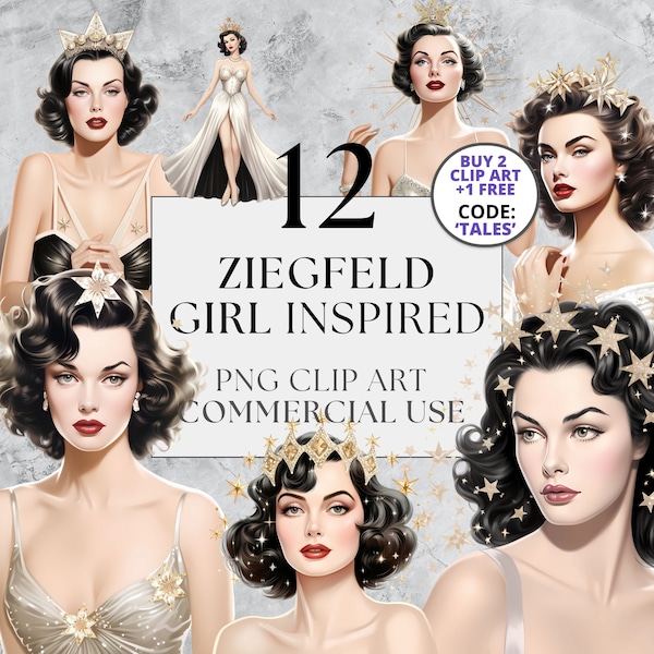 12 von Ziegfeld Girl inspirierte Clipart-Packs – transparente PNG-kommerzielle Nutzung, sofortiger Download, Hedy Lamarr Celestial Star Crown Vintage Retro 40er Jahre