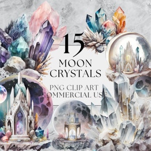 Moon Crystals Clipart Crystal PNG Beautiful Witchy Spiritual Clip Art in Watercolor Crystal Quartz Amethyst Instant Download Commercial Use
