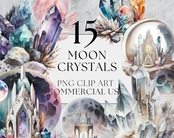 Moon Crystals Clipart Crystal PNG Beautiful Witchy Spiritual Clip Art in Watercolor Crystal Quartz Amethyst Instant Download Commercial Use