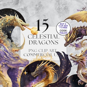 Celestial Dragon Clipart Watercolor Dragon Clipart Fantasy Clipart Dragon PNG with Full Commercial Use Watercolor Clipart Instant Download