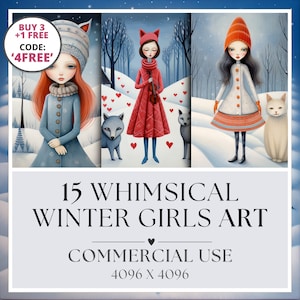 May include: A set of three digital illustrations featuring whimsical winter girls in snowy landscapes. Each girl wears a different colored hat and coat, and is accompanied by a wolf or a cat. The illustrations are 4096 x 4096 pixels and are available for commercial use.