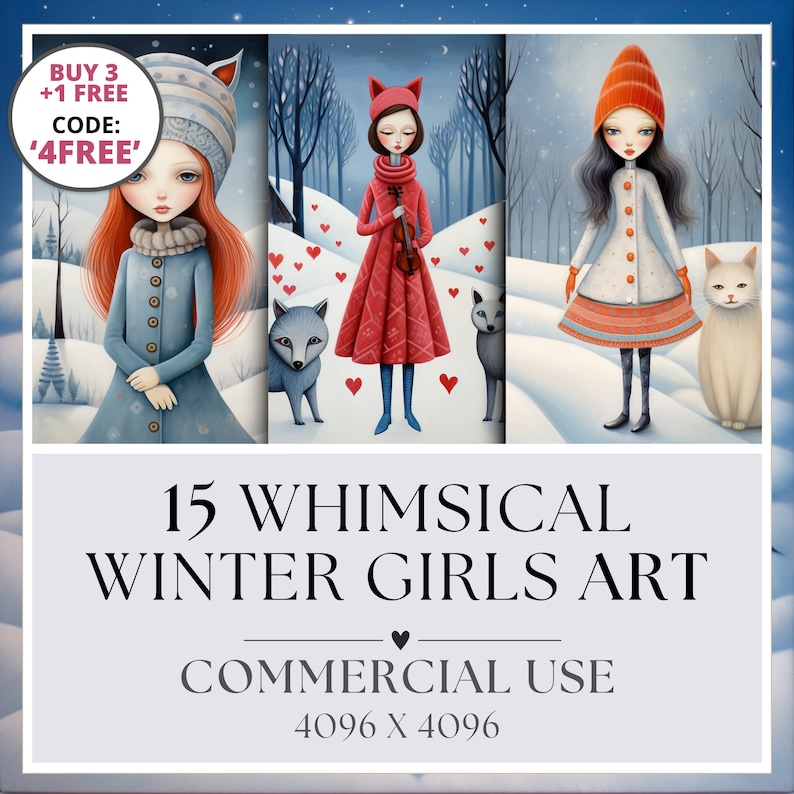 May include: A set of three digital illustrations featuring whimsical winter girls in snowy landscapes. Each girl wears a different colored hat and coat, and is accompanied by a wolf or a cat. The illustrations are 4096 x 4096 pixels and are available for commercial use.