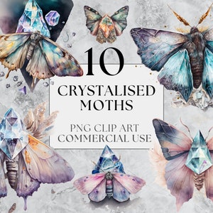 10 kristallisierte Motten | PNG | Wunderschöne mystische Witchy Fantasy ClipArt | Aquarell | Sofortiger Download, druckbar mit vollständiger kommerzieller Nutzung