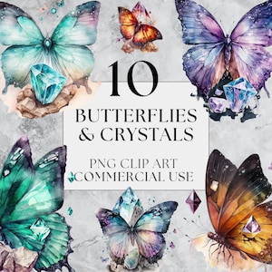10 Schmetterlinge & Kristalle | PNG | Schöne mystische Fantasie ClipArt | Aquarell | Sofortiger Download, druckbar mit vollständiger kommerzieller Nutzung