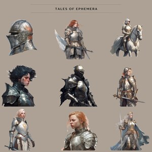 May include: A collection of nine illustrations depicting knights in armor. The illustrations feature a variety of poses and armor styles, including a knight on horseback, a knight holding a sword, and a knight with a helmet.