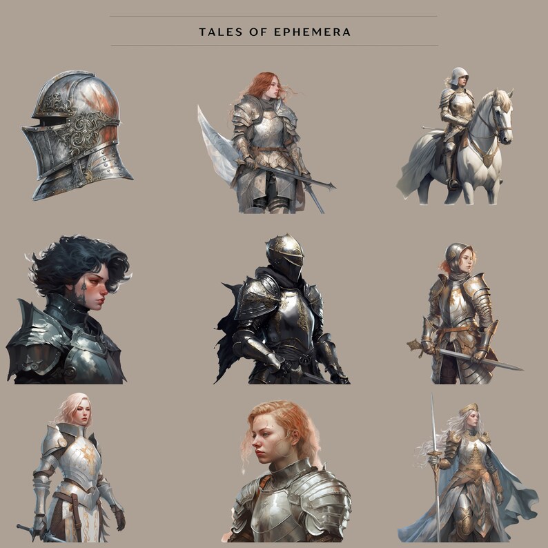 May include: A collection of nine illustrations depicting knights in armor. The illustrations feature a variety of poses and armor styles, including a knight on horseback, a knight holding a sword, and a knight with a helmet.