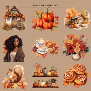 May include: A digital illustration of autumnal scenes, including a cozy cottage, a woman with curly hair, a cup of coffee with pastries, a bouquet of flowers, a squirrel, and a shelf with pumpkins and gourds. The illustration is titled "Tales of Ephemera".