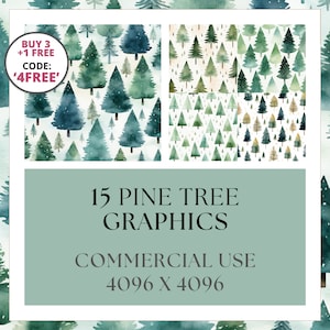 Op de afbeelding: Een digitale download van 15 aquarel dennenboomgrafieken in verschillende tinten groen, perfect voor het maken van winterthema-ontwerpen. De afbeeldingen zijn 4096 x 4096 pixels groot en kunnen voor commerciële doeleinden worden gebruikt.  KOOP 3 +1 GRATIS CODE: '4FREE'.