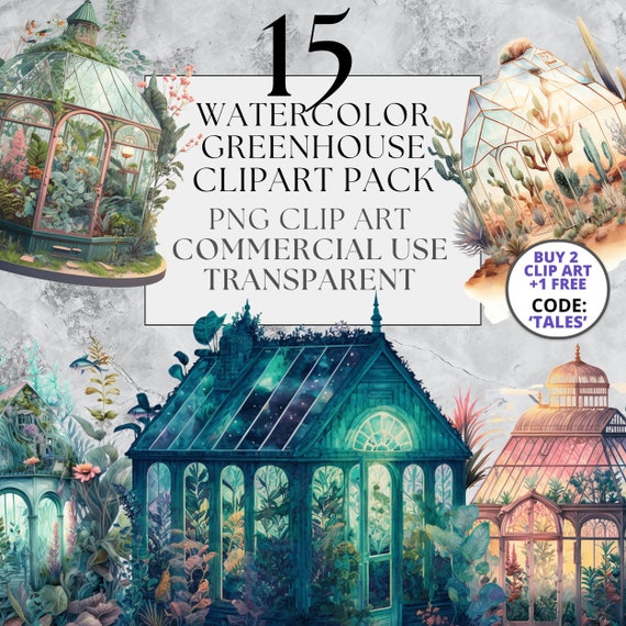 15 Greenhouse Clipart, PNG, Full Commercial Use, Watercolor Clipart with Instant Download