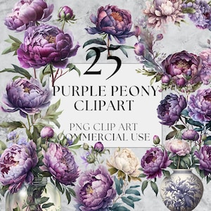 25 Purple Peonies Clipart, PNG, Full Commercial Use, Watercolor Floral Peony Clipart with Instant Download, Home Deco Botanical Clipart PNG