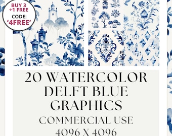Watercolor Delft Blue Patterns | Digital Download | Printable Backgrounds for Instant Download and Commercial Use | Delftware Designs