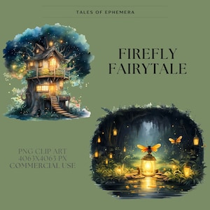 May include: Watercolor illustration with a treehouse and a forest scene with fireflies. The text "FIREFLY FAIRY TALE" is displayed. The image also includes the text "PNG CLIP ART 4063X4063 PX COMMERCIAL USE".