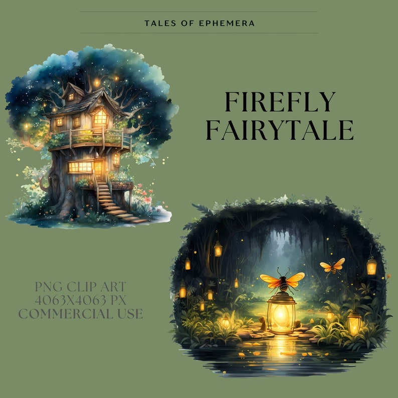 May include: Watercolor illustration with a treehouse and a forest scene with fireflies. The text "FIREFLY FAIRY TALE" is displayed. The image also includes the text "PNG CLIP ART 4063X4063 PX COMMERCIAL USE".