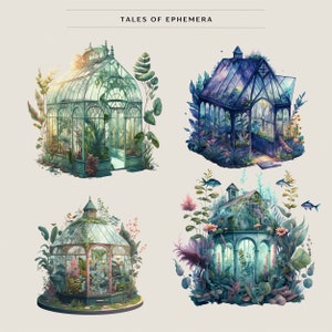 May include: Four illustrations of glass greenhouses with different styles and colors. Each greenhouse is surrounded by lush greenery and flowers. The top image features a green greenhouse with a white roof. The second image features a blue greenhouse with a white roof. The third image features a green greenhouse with a white roof. The fourth image features a green greenhouse with a white roof.
