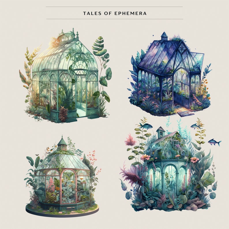 May include: Four illustrations of glass greenhouses with different styles and colors. Each greenhouse is surrounded by lush greenery and flowers. The top image features a green greenhouse with a white roof. The second image features a blue greenhouse with a white roof. The third image features a green greenhouse with a white roof. The fourth image features a green greenhouse with a white roof.