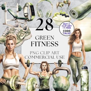 Vert Fitness Clipart, PNG, utilisation commerciale complète, aquarelle mode de vie sain Fit Girl Clipart, avec téléchargement immédiat, Sport Gym Clipart