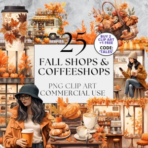 Fall Shops & Coffeeshops Clipart, PNG, Full Commercial Use, Watercolor Cozy Autumn Clipart, with Instant Download, Coffee, Foodtruck,