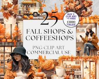 Fall Shops & Coffeeshops Clipart, PNG, Full Commercial Use, Watercolor Cozy Autumn Clipart, with Instant Download, Coffee, Foodtruck,