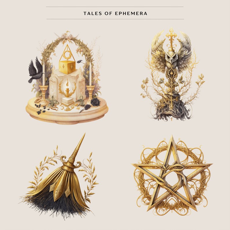 May include: Four illustrations of golden symbols with a white background. The first image is a golden altar with a black raven, a candle, and a golden box. The second image is a golden owl with a cross and a golden sword. The third image is a golden broom with black bristles. The fourth image is a golden pentagram with a golden vine.