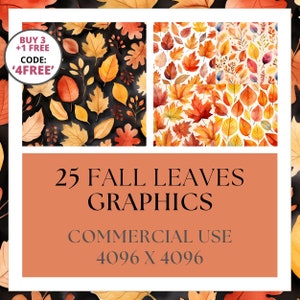 Op de afbeelding: Een digitaal grafisch ontwerp met twee bladerpatronen in herfstkleuren en de tekst "25 FALL LEAVES GRAPHICS". De afbeelding bevat ook de tekst "COMMERCIAL USE" en "4096 X 4096". Er is ook een promotie-aanbieding.