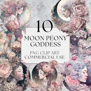 10 Peony Moon Goddess Clipart, PNG, Full Commercial Use, Watercolor Floral Pink Peonies Clipart with Instant Download, Mystical Fantasy PNG