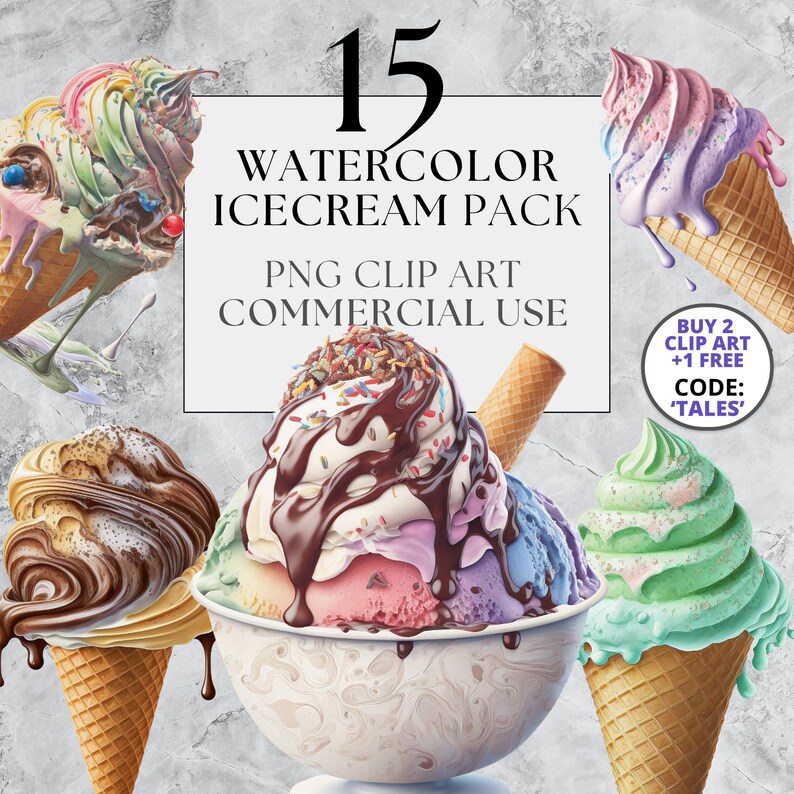 Puede incluir: Un conjunto de 15 im&aacute;genes de arte de clip de helado de acuarela para uso comercial. Las im&aacute;genes presentan varios sabores y coberturas, que incluyen chocolate, vainilla, fresa y chispas. El texto "COMPRAR 2 CLIP ART +1 GRATIS C&Oacute;DIGO: 'TALES'" tambi&eacute;n se incluye en la imagen.