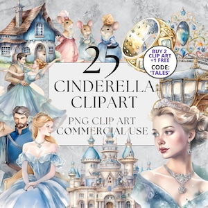 Cinderella Clipart, PNG, Full Commercial Use, Watercolor Fantasy Princess Fairytale Clipart, with Instant Download, Castle Crown Palace