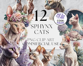Sphynx Cat Clipart Pack Floral Cat Clipart Full Commercial Use, Instant Download with Floral and Standalone Options, Cats Portrait Art