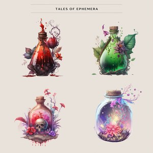Puede incluir: Cuatro botellas de vidrio con l&iacute;quidos de diferentes colores y arreglos florales en su interior. Las botellas est&aacute;n sobre un fondo blanco con el texto "Tales of Ephemera" en la parte superior.