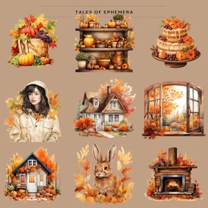 May include: A collection of autumn-themed illustrations featuring a house, a window with a view of a forest, a fireplace, a rabbit, a girl in a jacket, a cake, a shelf with pumpkins and gourds, and a small wooden cabin.