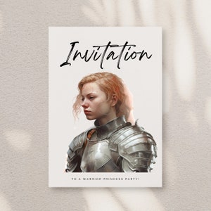 May include: Invitation to a warrior princess party. A woman with red hair is wearing silver armor and looking to the side.