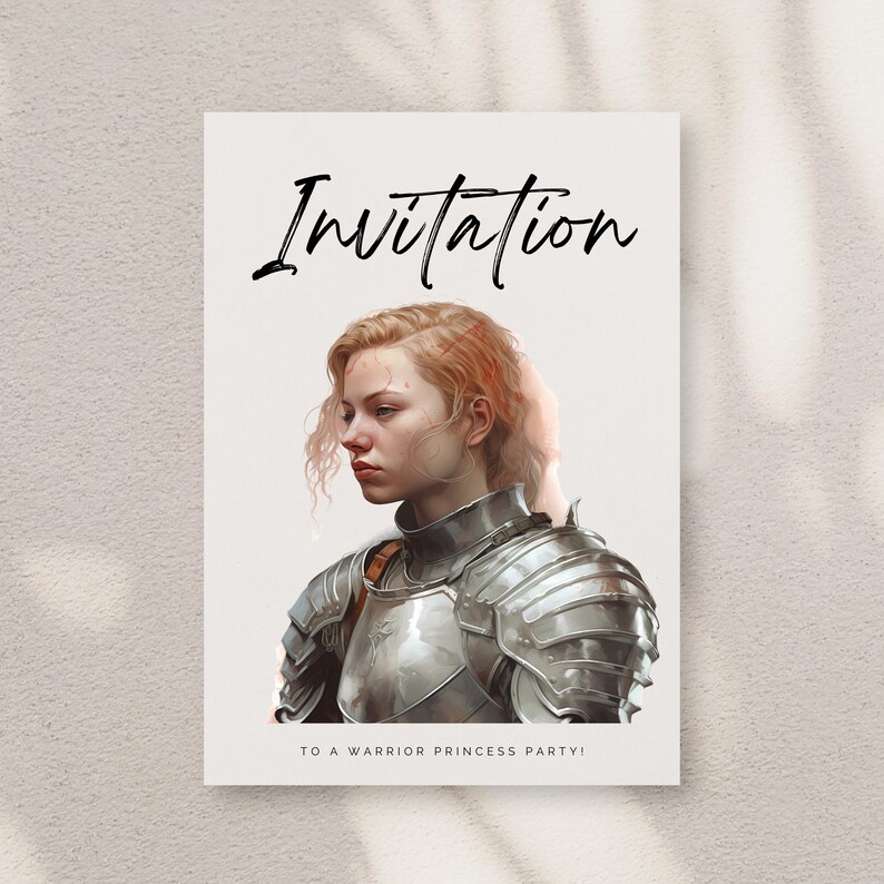 May include: Invitation to a warrior princess party. A woman with red hair is wearing silver armor and looking to the side.
