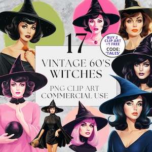 17 Vintage 60&#39;s Halloween Witches Clipart, PNG Clipart, 1960&#39;s Retro Witch Clipart, Full Commercial Use Instant Download, Sabrina, Spooky