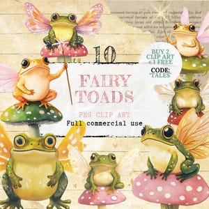 Fairy Toad Clipart, PNG, Uso comercial completo, Bookish Goblincore Toads Clipart Acuarela Clip art, Imágenes Prediseñadas de acuarela con descarga instantánea