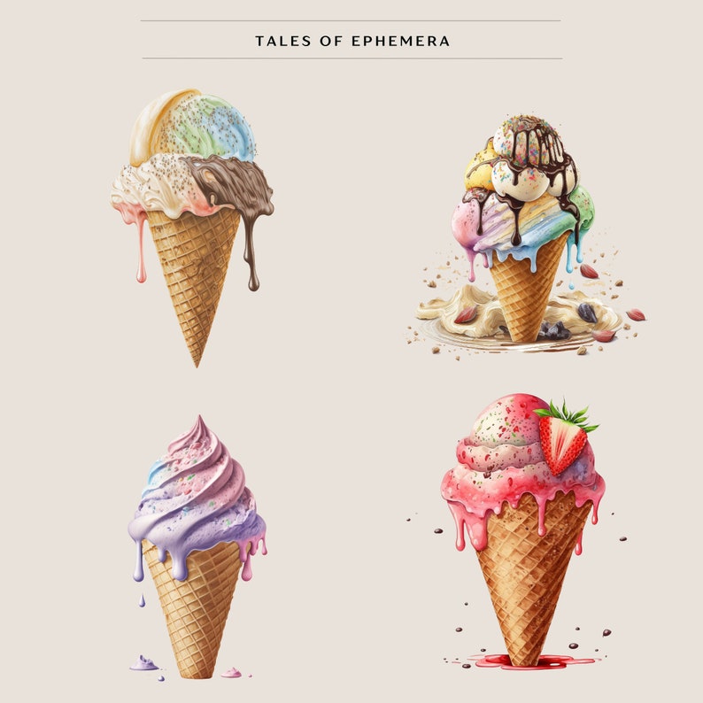 Puede incluir: Cuatro conos de helado con diferentes sabores y coberturas. Los conos se est&aacute;n derritiendo y goteando con chocolate, fresa y chispas. El helado es de varios colores, incluyendo rosa, azul, verde y marr&oacute;n. Los conos est&aacute;n sobre un fondo blanco con el texto "Tales of Ephemera" en la parte superior.