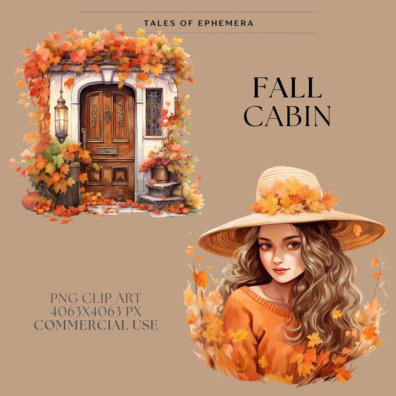 May include: A digital illustration of a woman with long brown hair wearing a straw hat with autumn leaves on it. She is standing in front of a background of fall leaves. The text "FALL CABIN" is written in black letters on a tan background.