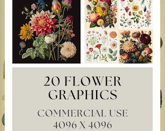 May include: A set of 20 digital flower graphics, featuring a variety of colorful blooms, perfect for crafting and design projects. The graphics are high-resolution, measuring 4096 x 4096 pixels, and are for commercial use.