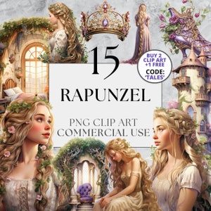 Prinzessin Rapunzel Clipart, PNG, volle kommerzielle Nutzung, Aquarell Fantasy Prinzessin Märchen Clipart, mit Sofort-Download, Krone, Tangled
