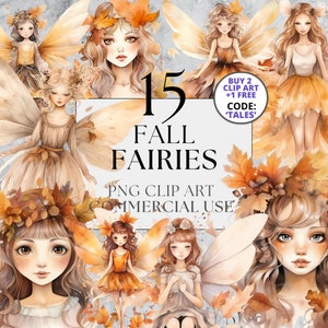 Op de afbeelding: Een set van 15 digitale illustraties van herfstfeeën met herfstbladeren en bloemen. De feeën dragen jurken en hebben vleugels. De tekst "15 Fall Fairies" staat in het midden van de afbeelding. De tekst "PNG Clip Art Commercial Use" staat onderaan de afbeelding. De tekst "BUY 2 CLIP ART +1 FREE CODE: 'TALES'" staat in een cirkel in de rechterbovenhoek van de afbeelding.