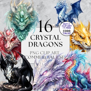16 Imágenes prediseñadas de dragones de cristal, PNG, uso comercial completo, imágenes prediseñadas de fantasía, imágenes prediseñadas de dragón de acuarela, imágenes prediseñadas de cuento de hadas con descarga instantánea