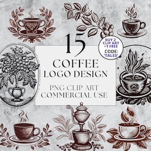 15 Coffee Logo Design Clipart - Linocut Clipart, Food Clipart, Hot Drinks Clipart, Engraving, Instant Download, Full Commercial Use, PNG