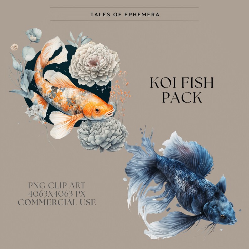 Op de afbeelding: Twee koi-visillustraties, een oranje en wit met bloemmotieven, de andere blauw en wit met een vloeiende staart. De tekst "KOI FISH PACK" staat boven de vissen.