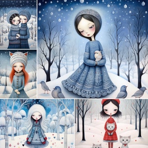 May include: A digital painting of five girls in winter clothing. The girls are wearing blue, red, and white clothing. The background is a snowy forest with blue and white trees. The girls are all smiling and looking at the viewer.